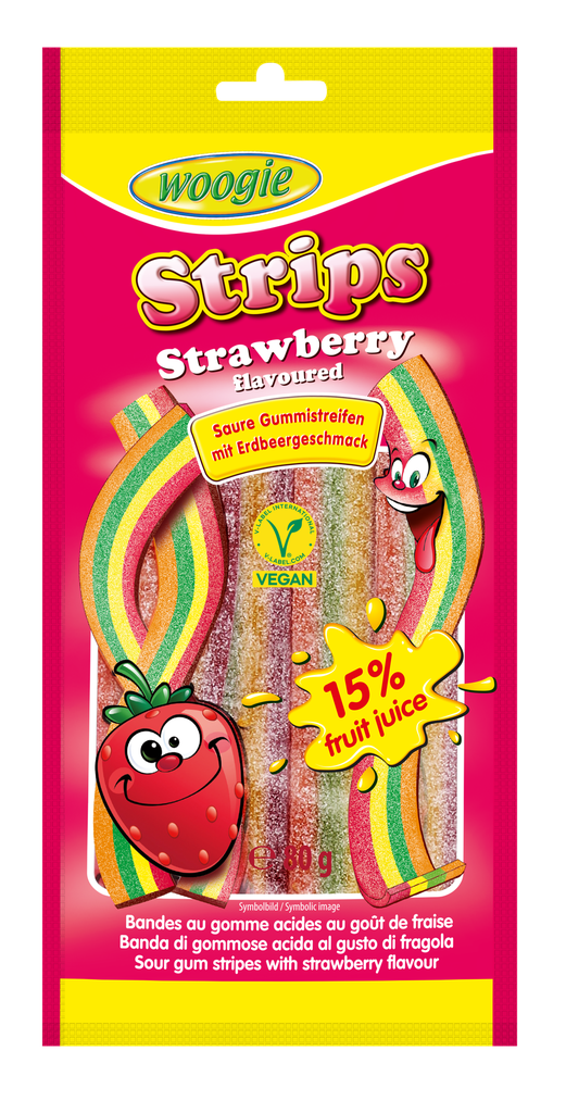 Strawberry flavoured candy with sour sugar coating 80g