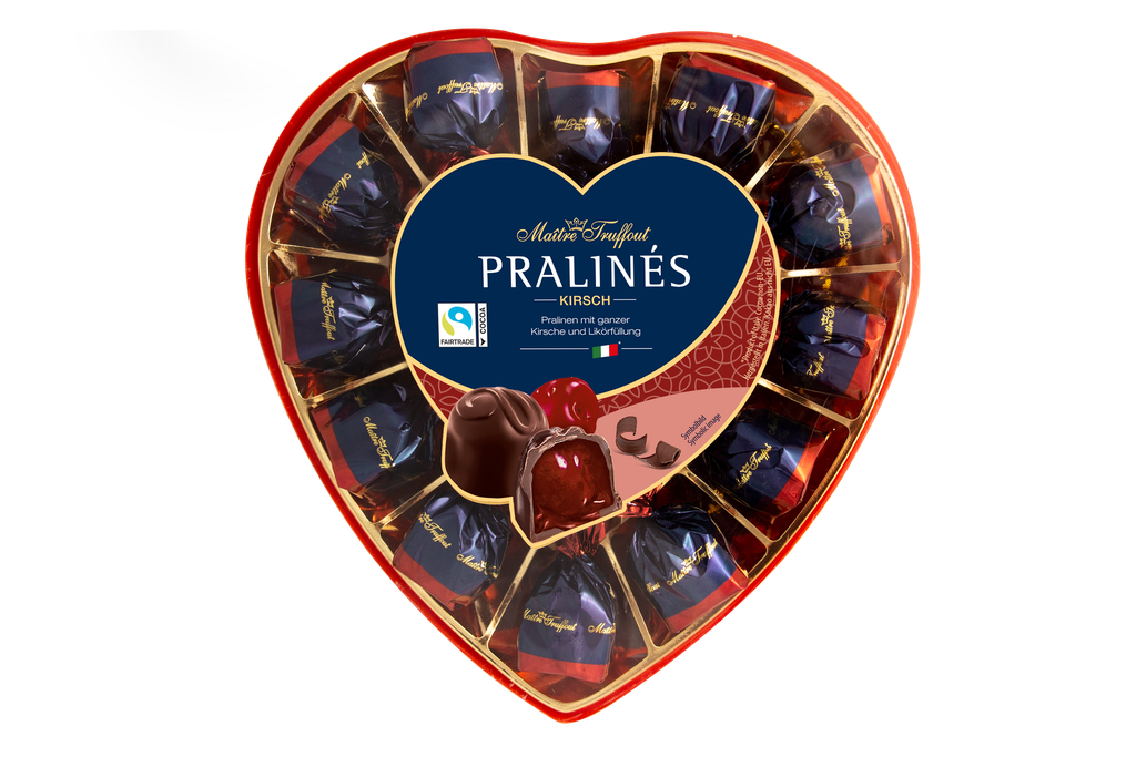 Pralines dark chocolate with cherry with liqueur 4% vol. heart 140g