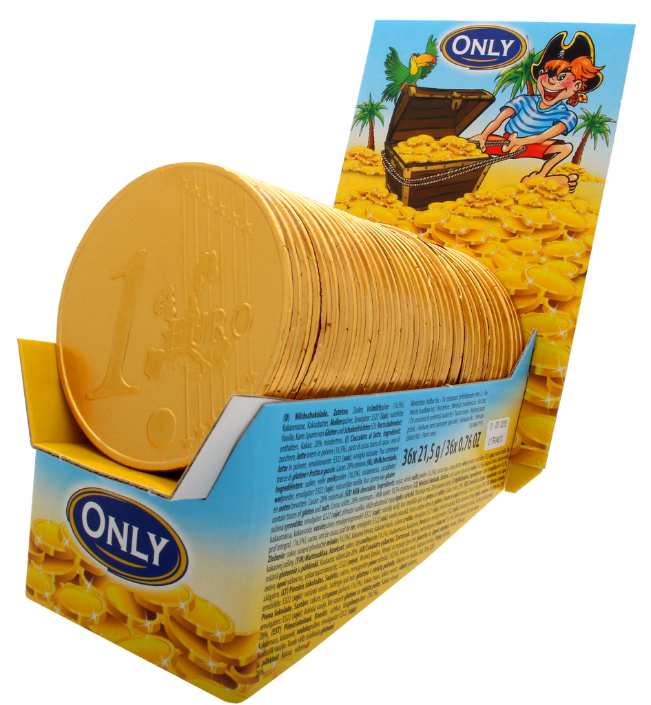 Big gold coins milk chocolate 2x36x21,5g counter display