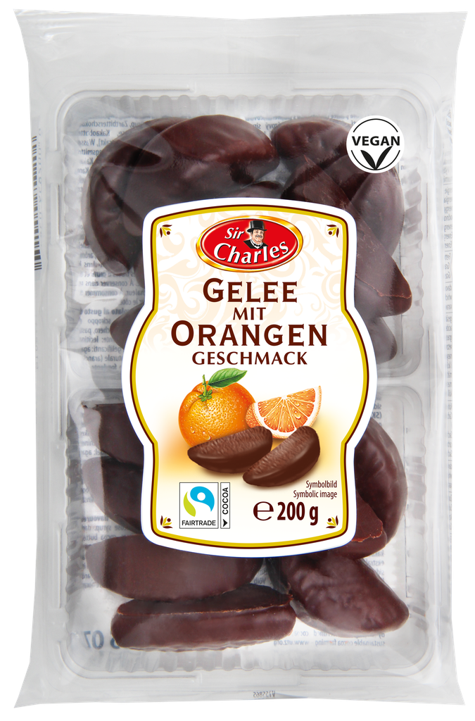 Chocolate coated orange flavoured jellies 200g